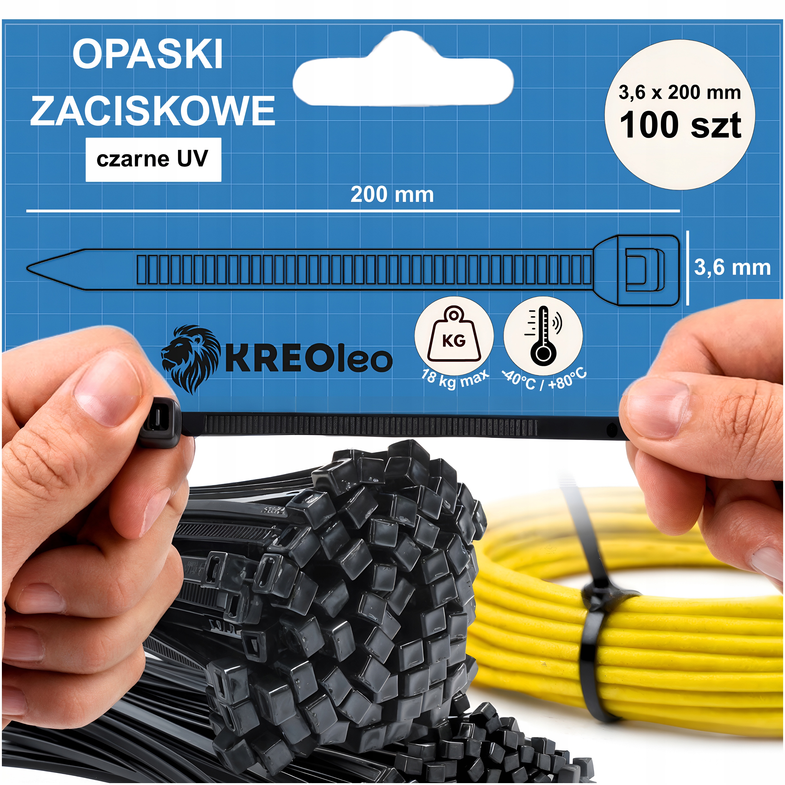 Opaski Zaciskowe Kablowe Trytki Trytytki 3,6x200mm 100 Szt Czarne Mocne