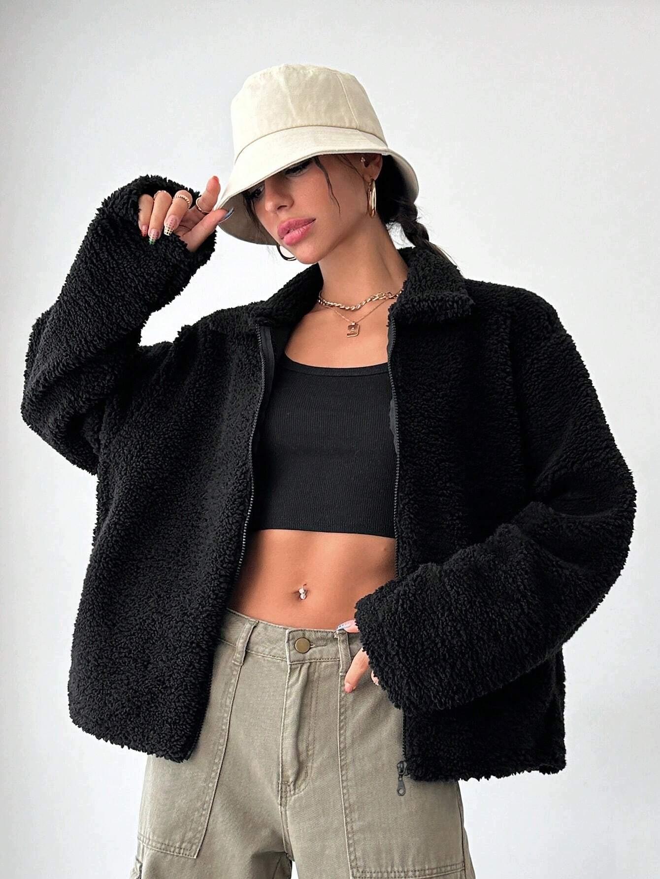 Shein Černá Mikina S Kapucí A Silným Plyšem Zip 50 1 Ma