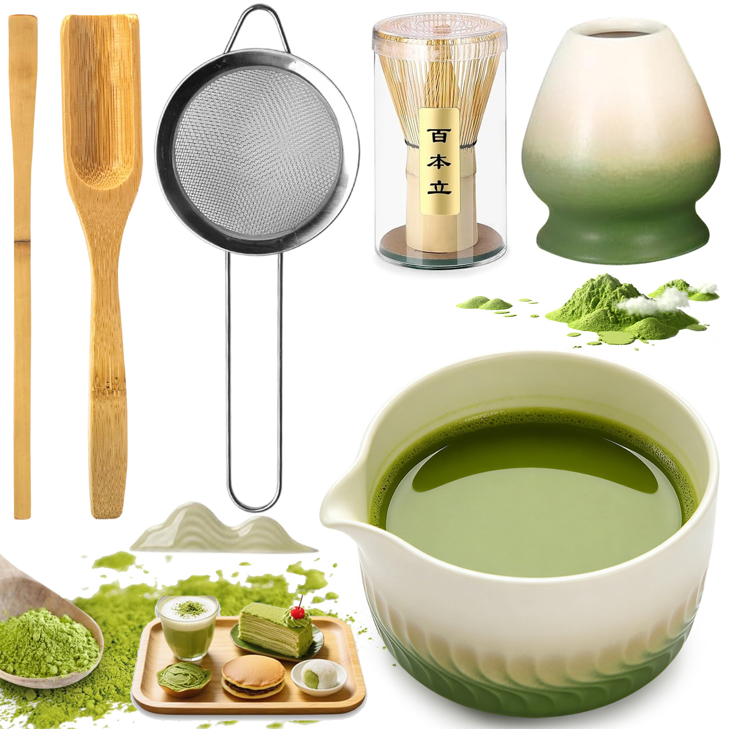 Levně Bambusový Dárková Sada Na Čaj Matchy Chashaku Šlehací Metla Lžíce 7V1