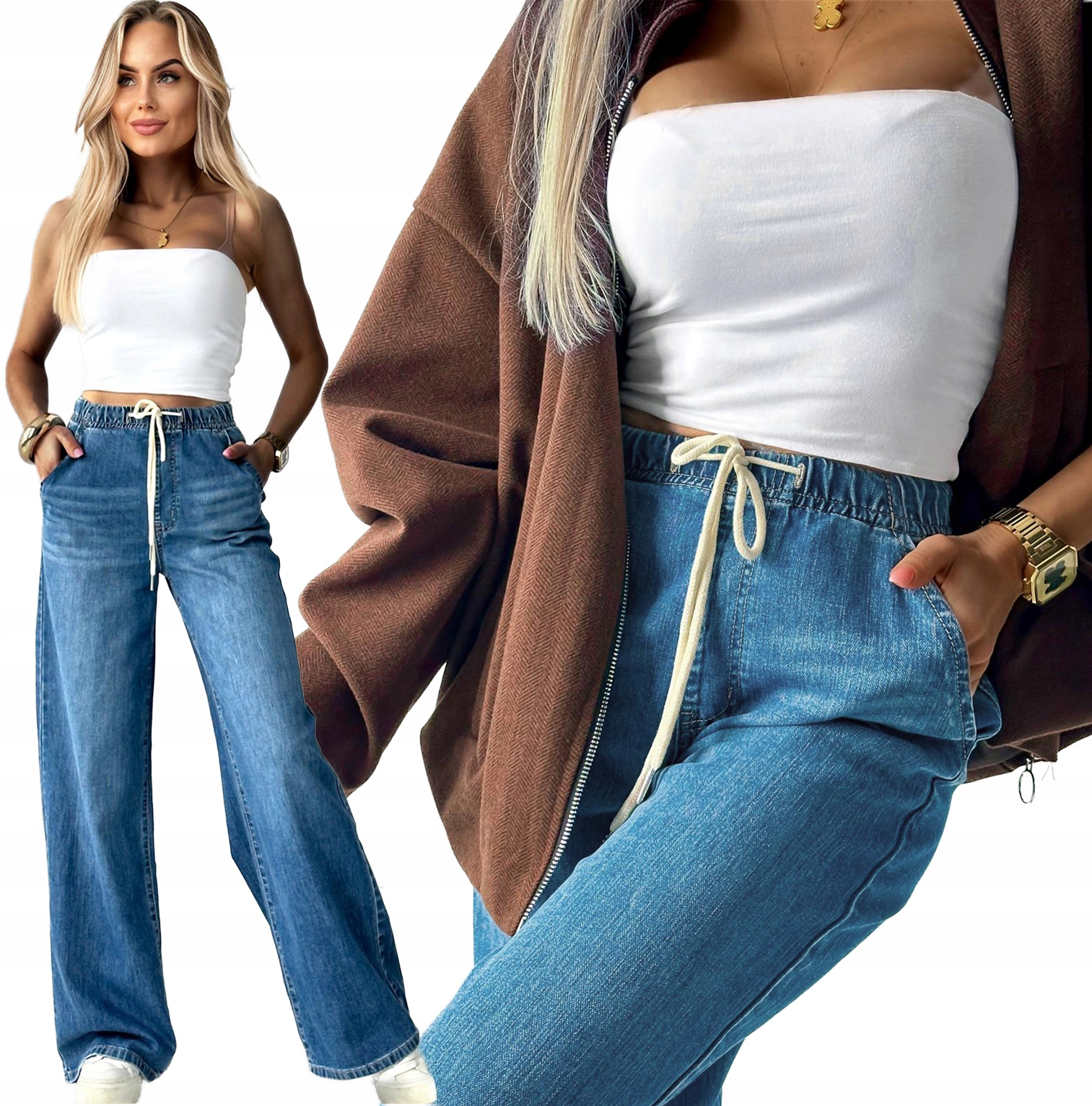 Jeansowe wiązane Spodnie damskie Jeansy Wide Leg szerokie nogawki M Molly