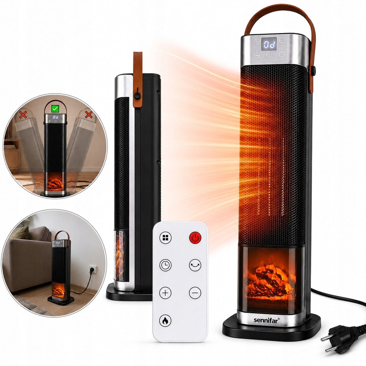 Věžový termoventilátor s dálkovým ovládáním, černo-stříbrný, výška 51,5 cm