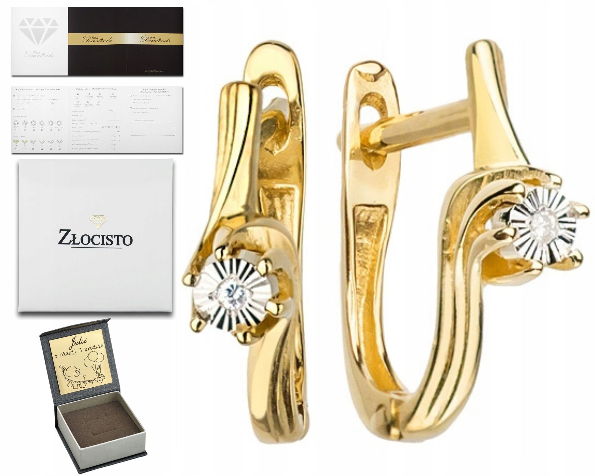 ZŁOTE KOLCZYKI Z BRYLANTAMI NA ANGIELSKIM ZAPIĘCIU