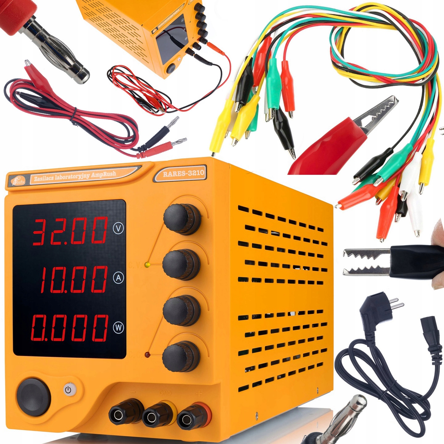 ZESTAW SERWISOWY ZASILACZ LABORATORYJNY 32V 10A + PRZEWODY Z KLIPSEM 10SZT