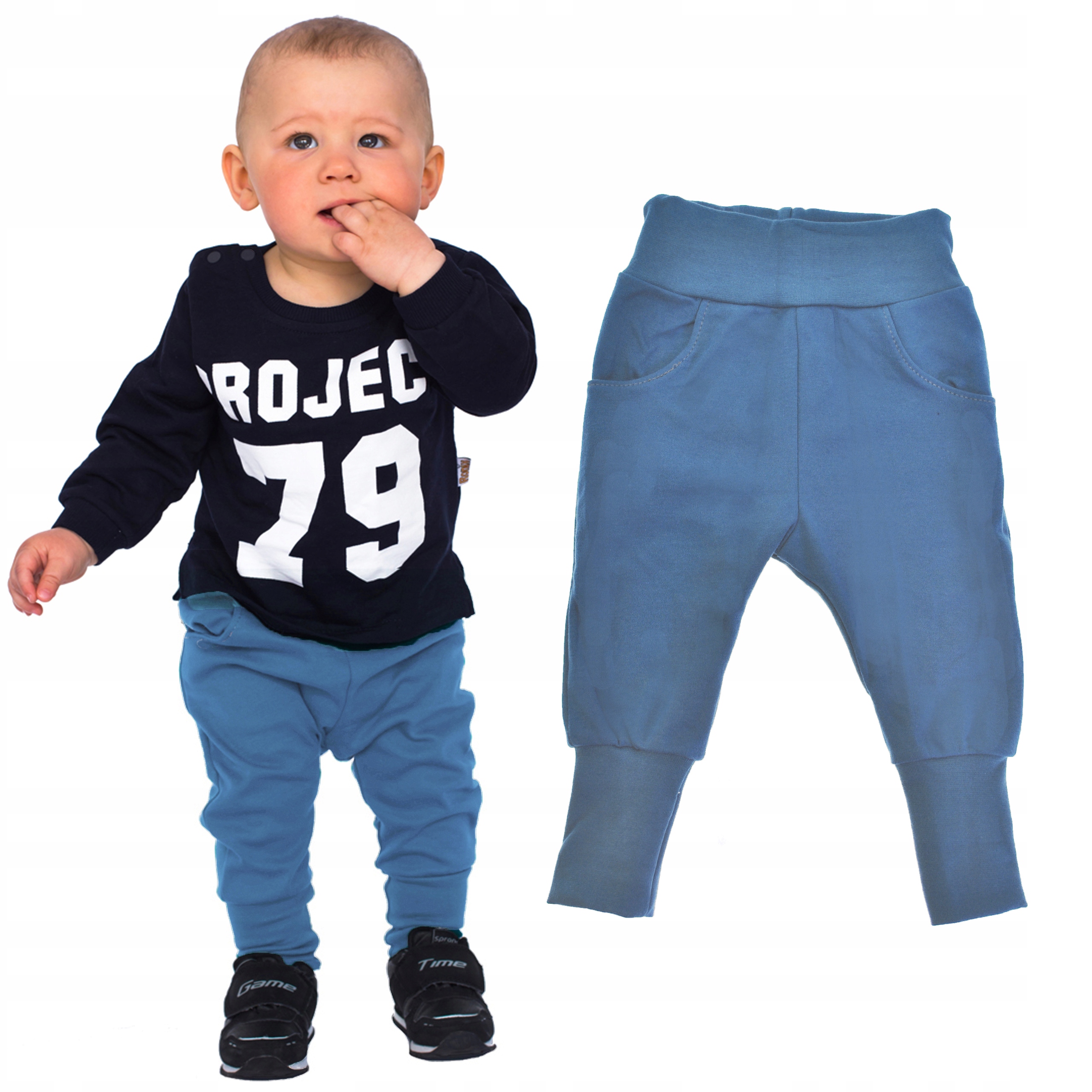 Granat jeansowy spodnie bawełniane z wyciąganą gumką wiosna jesień 86