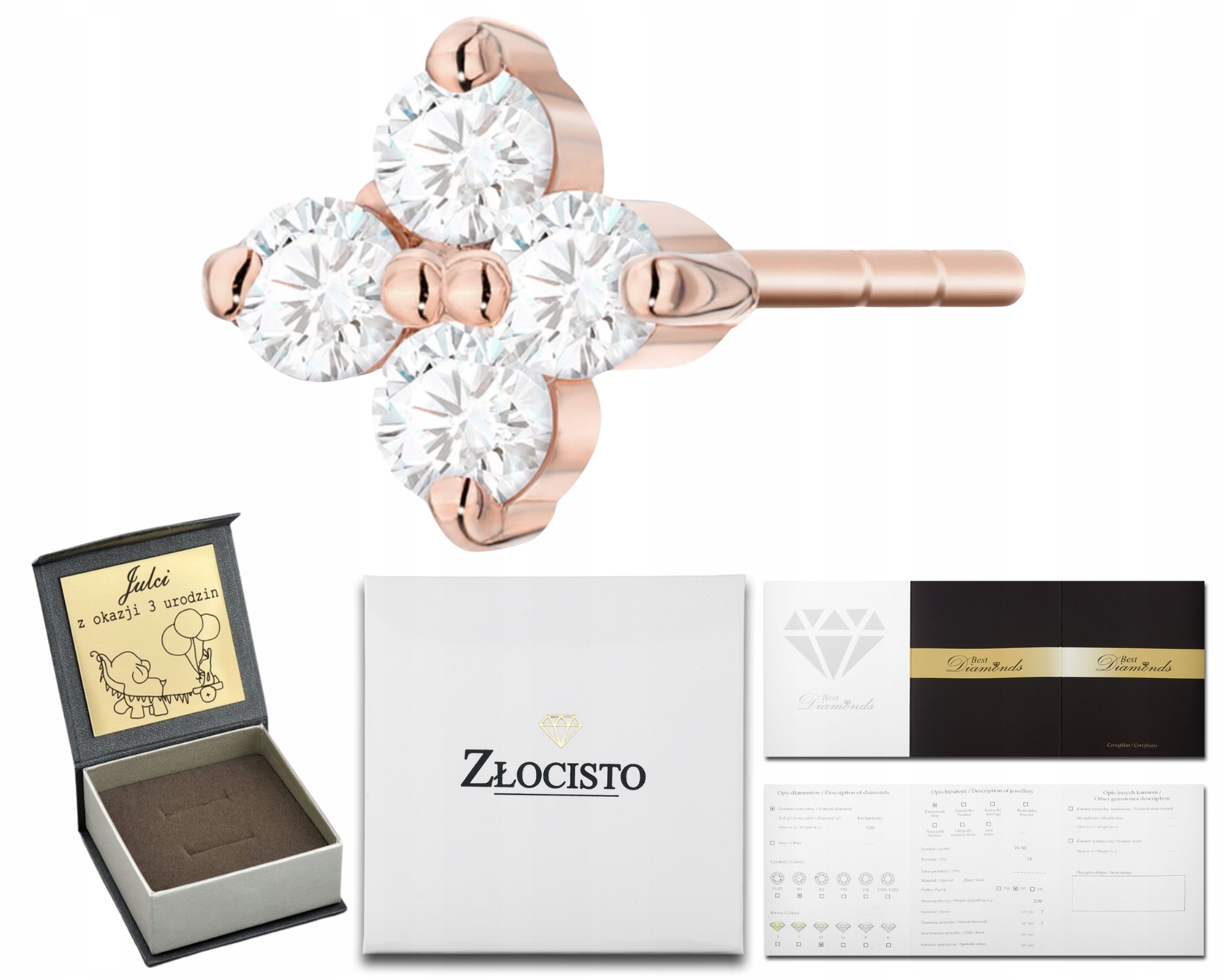 Růžové Zlaté Náušnice S Diamanty, Zlato 585, Gravírování Dárek