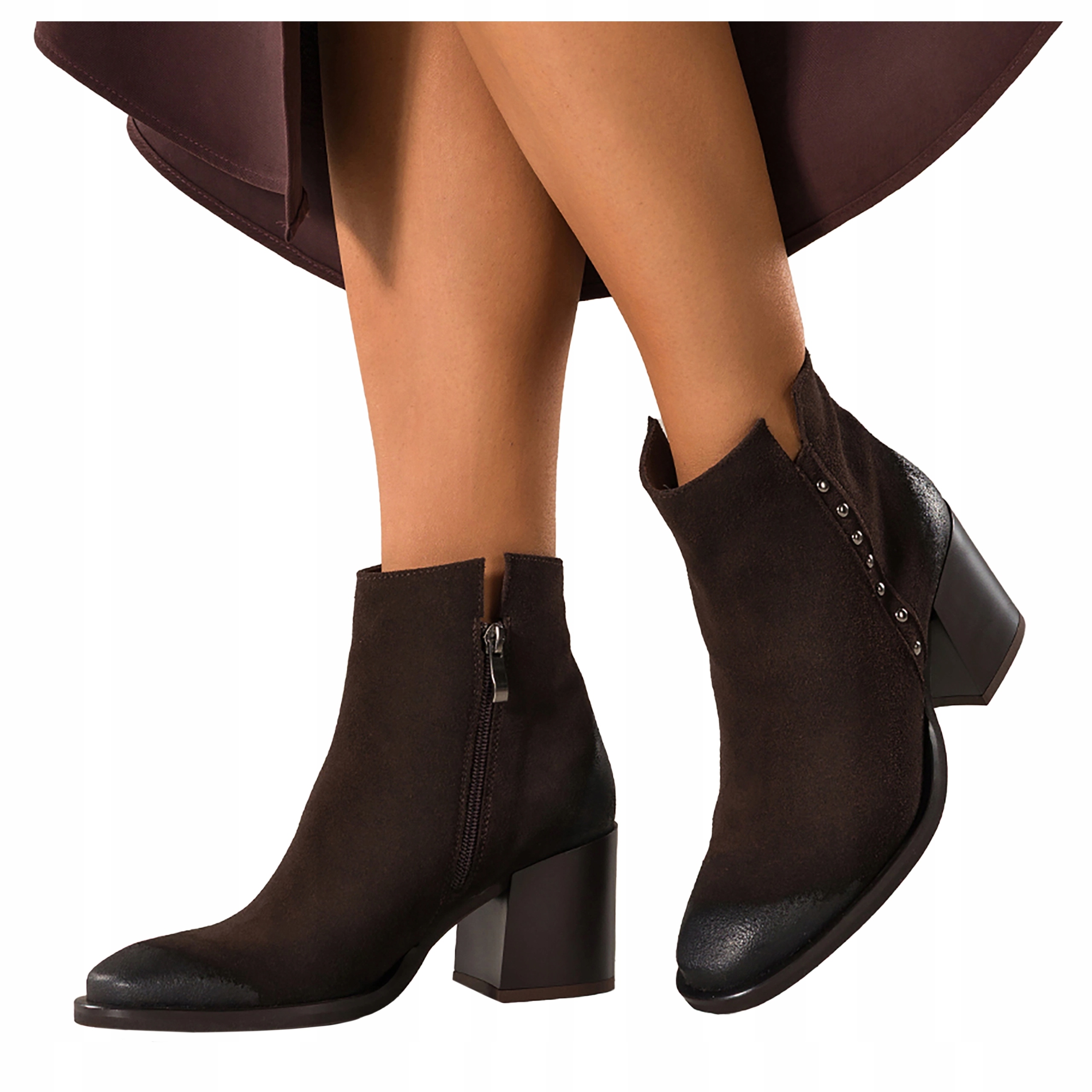 Elegantní dámské kotníkové boty Kožené Semišové Čokoládové Na Sloupku Módní velikost 39