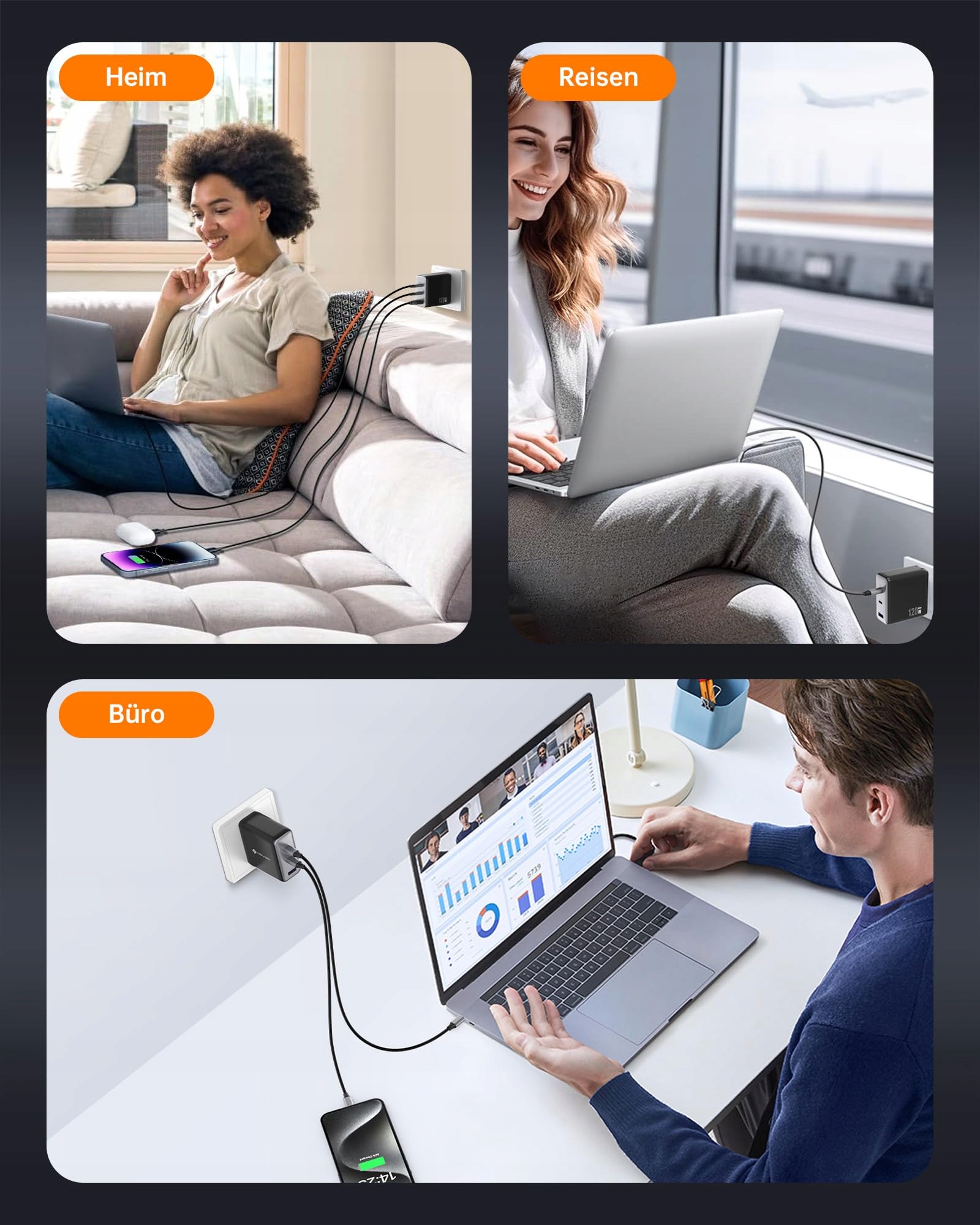 Ładowarka USB C 120 W NOVOO GaN – ładowarka 3-portowa USB C — miniatura 7