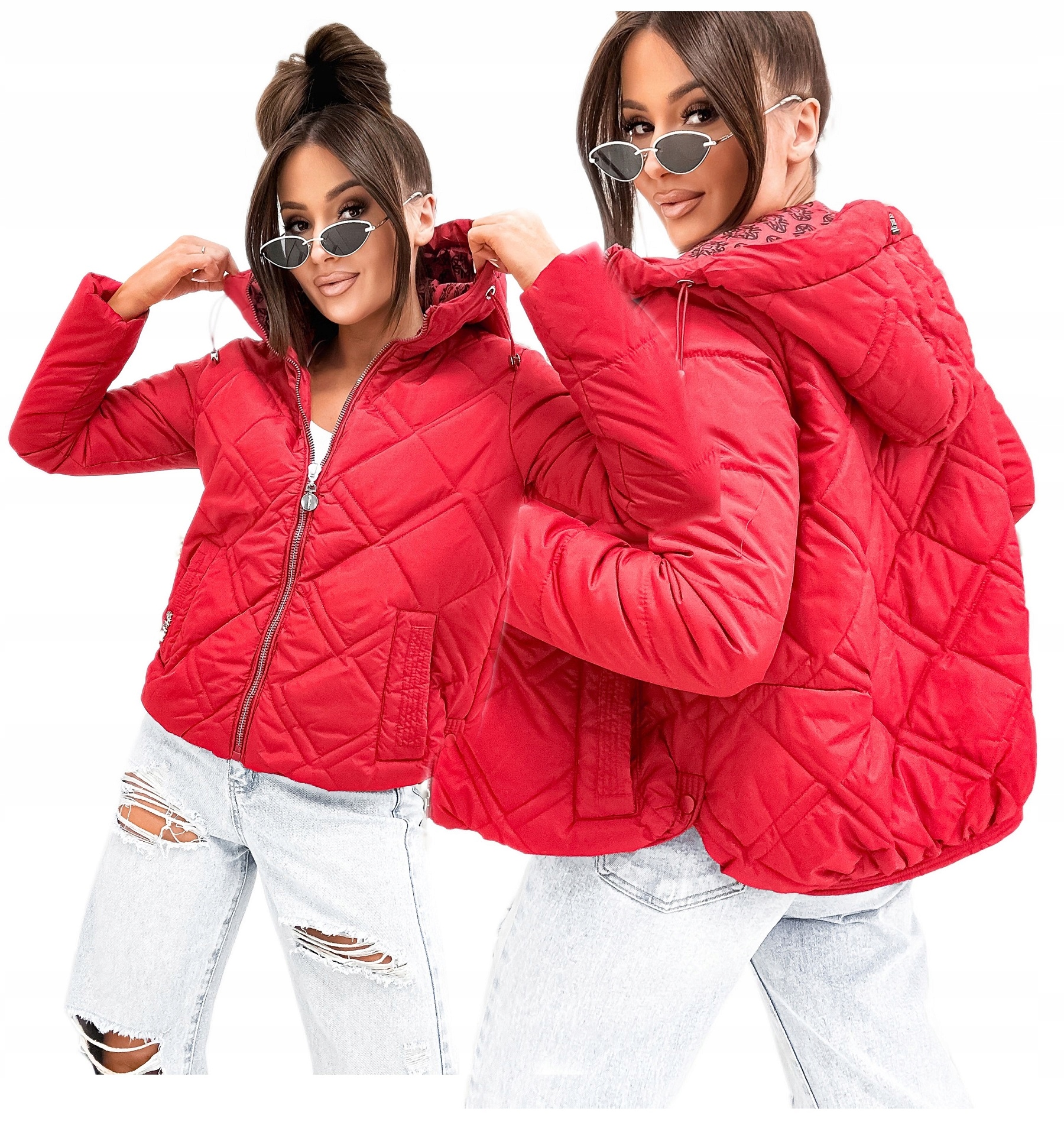 Kurtka Damska Wiosenna Przejsciowa Pikowana Z Kapturem Czerwona 60399 Roz M