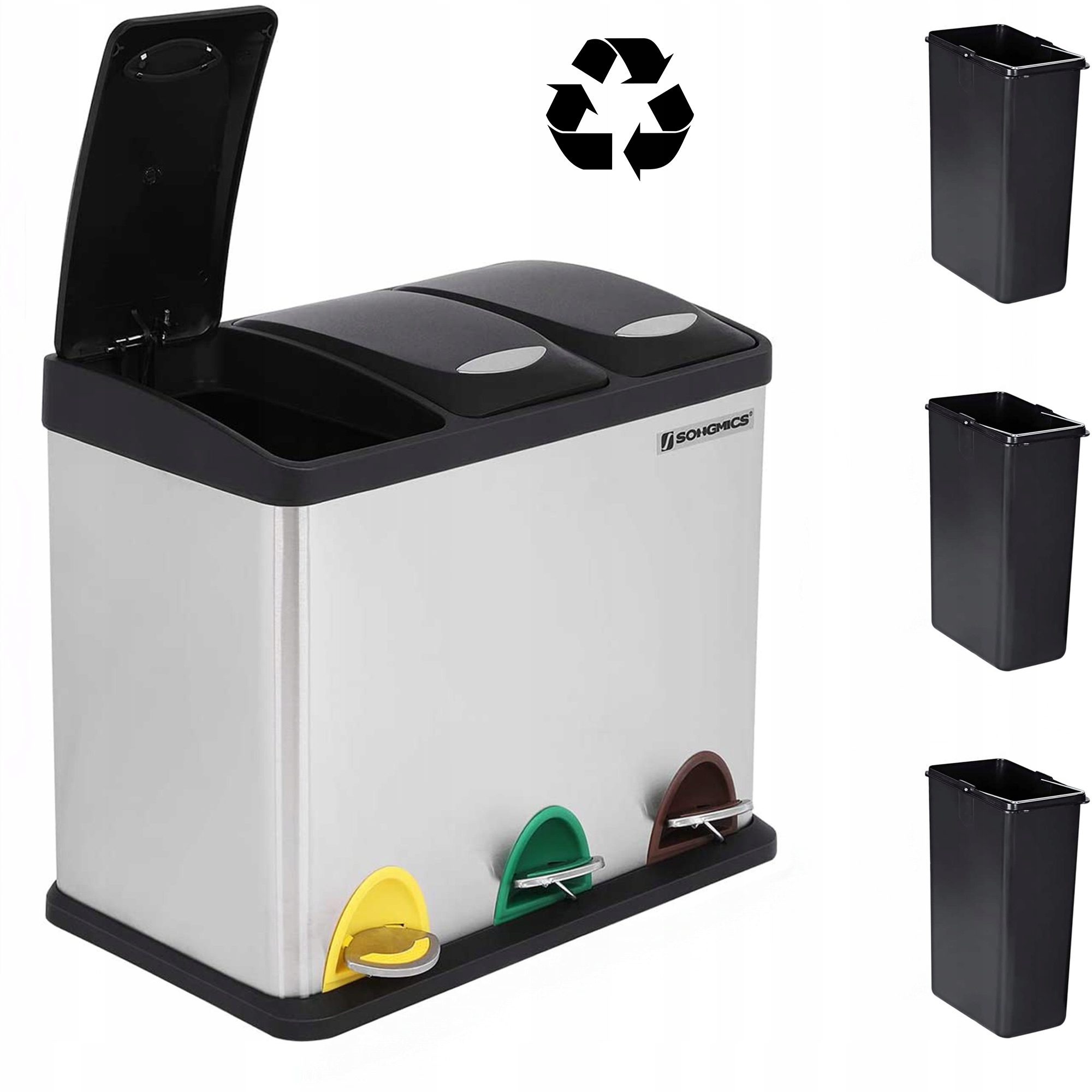 Kosz na Śmieci 3 Komory 24L Srebrny Stalowy do Segregacji z Pokrywą