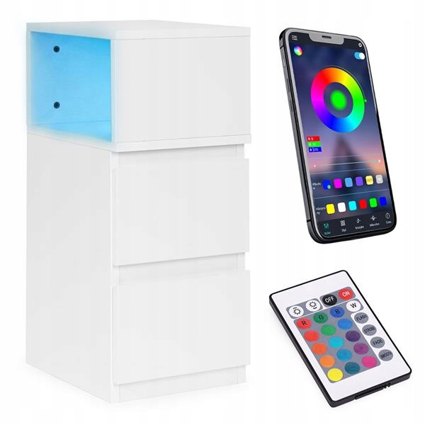 Noční stolek s Led osvětlením, stolek do ložnice, 2 zásuvky, bílá barva ModernH