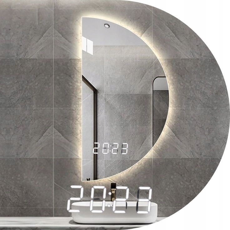 Polkruhové Zrkadlo Mesiac 80x40 Led S Digitálnym Hodinkom