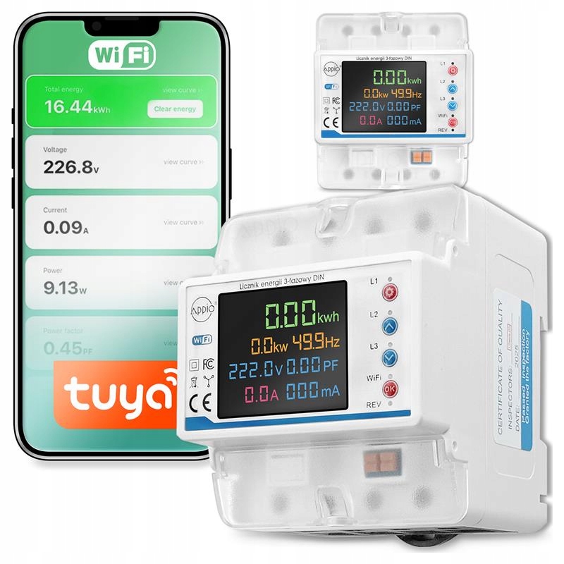 Licznik Prądu 3 Fazowy Miernik Zużycia Energii Na Szynę Din Tuya WiFi 100A