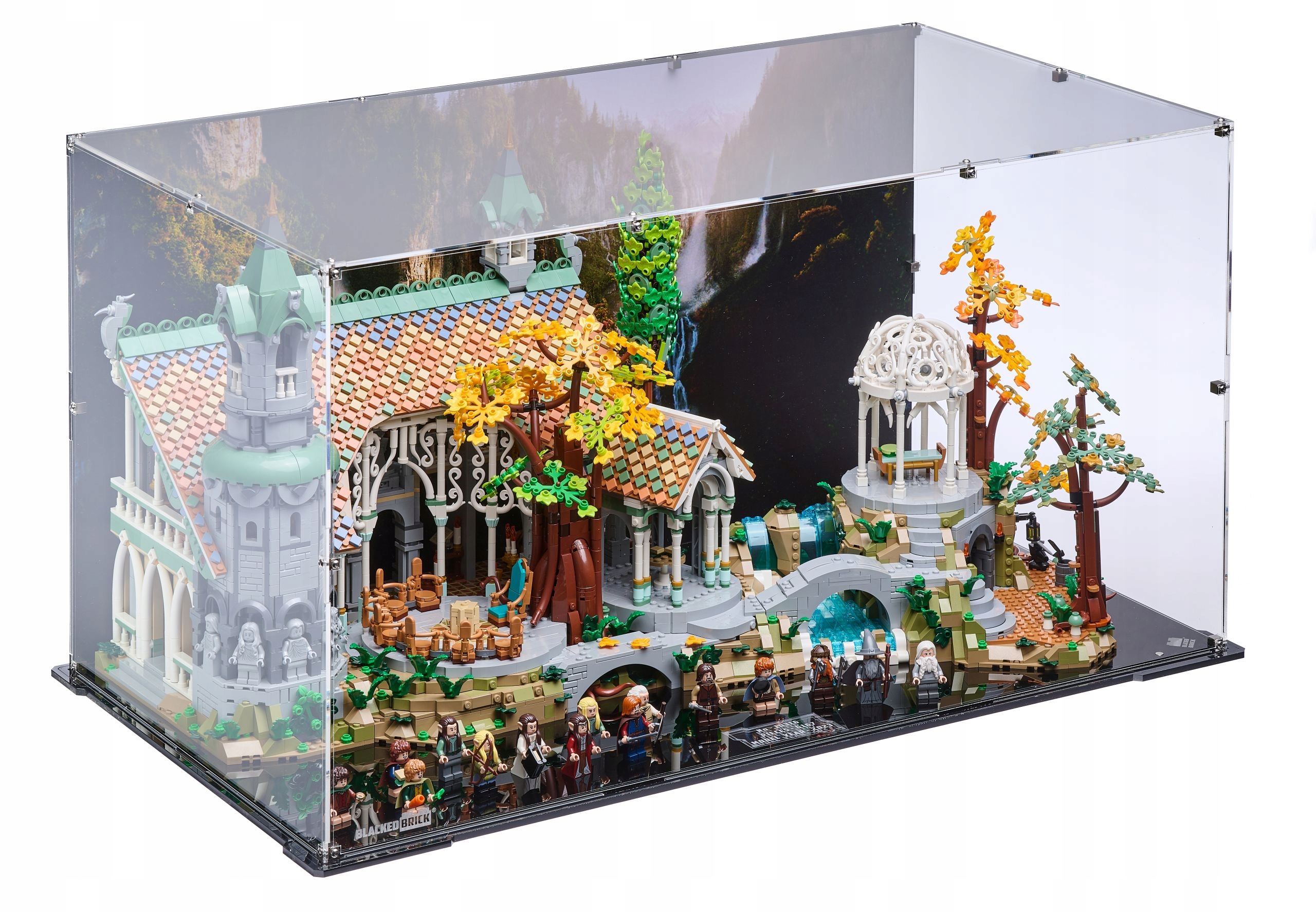 Vitrína s pozadím BlackedBrick pre Lego 10316 Icons Pán Prsteňov Rivendell