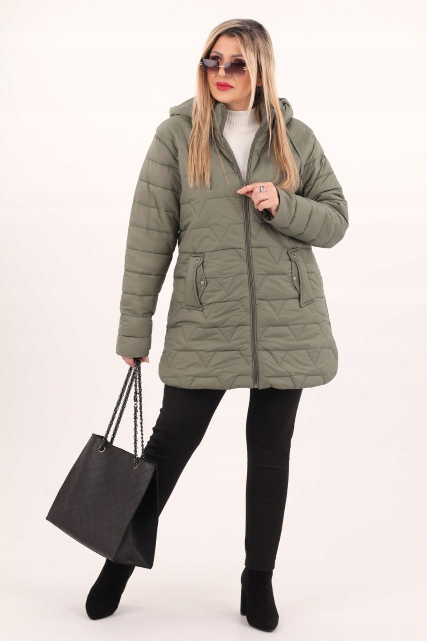 KURTKA JESIENNA DAMSKA PIKOWANA Z KAPTUREM PRZEJŚCIOWA DUŻE ROZMIARY Długość do połowy uda