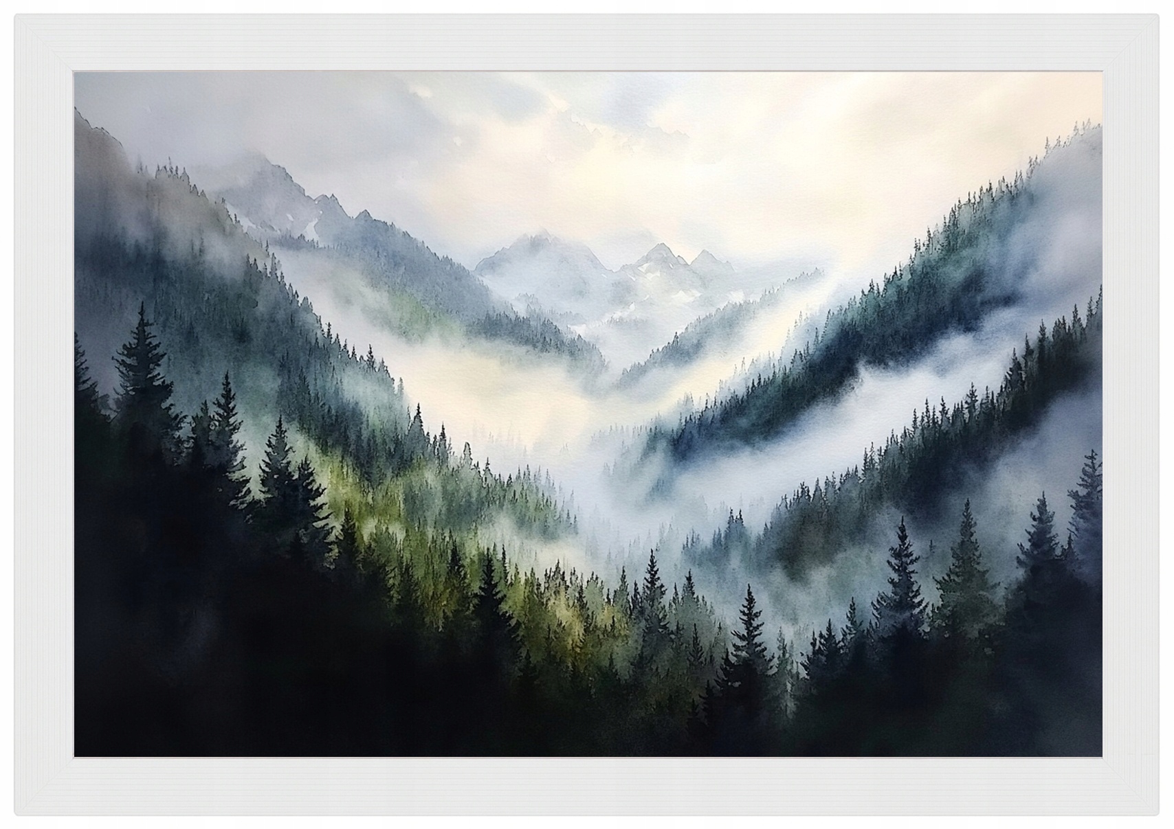 Plakát Rámeček Dřevo Krajina Akvarel Hory Vrcholky Les Stromy Mlha 60x40