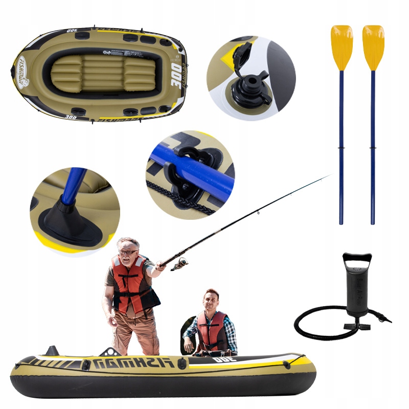 PONTON WĘDKARSKI DMUCHANY DO PŁYWANIA FISHMAN Z WIOSŁAMI 252X125 ZESTAW Waga 9 kg
