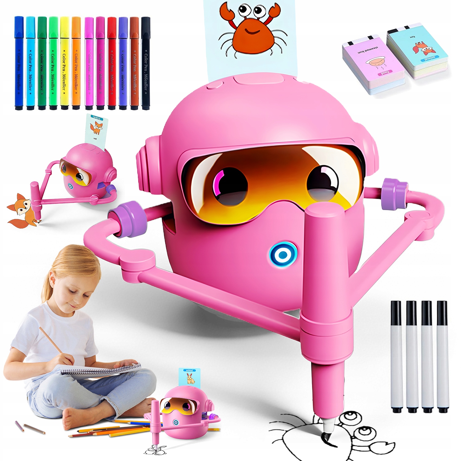 Robot Rysujący Kreatywny Montessori Z 100 Kartami Do Nauki Rysowania Różowy