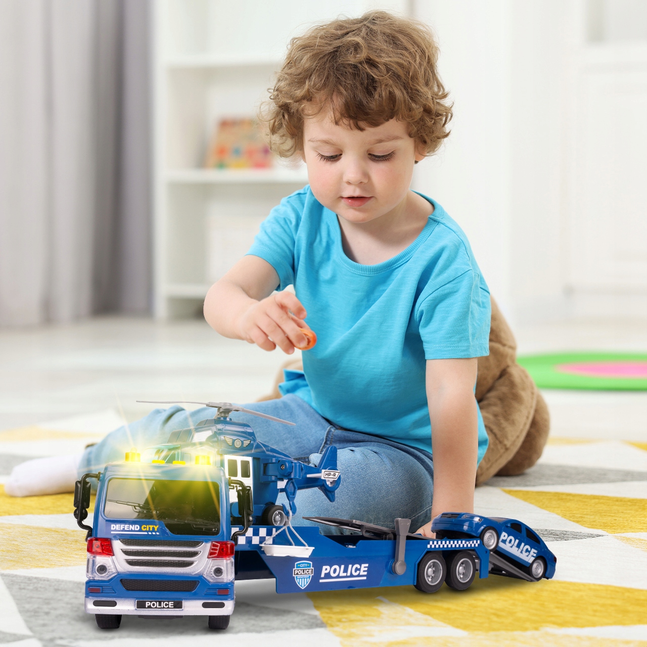 LAWETA POLICYJNA 1:16 ŚWIATŁO DŹWIĘK RUCHOME ELEMENTY HELIKOPTER AUTO Wiek dziecka 3 lata +