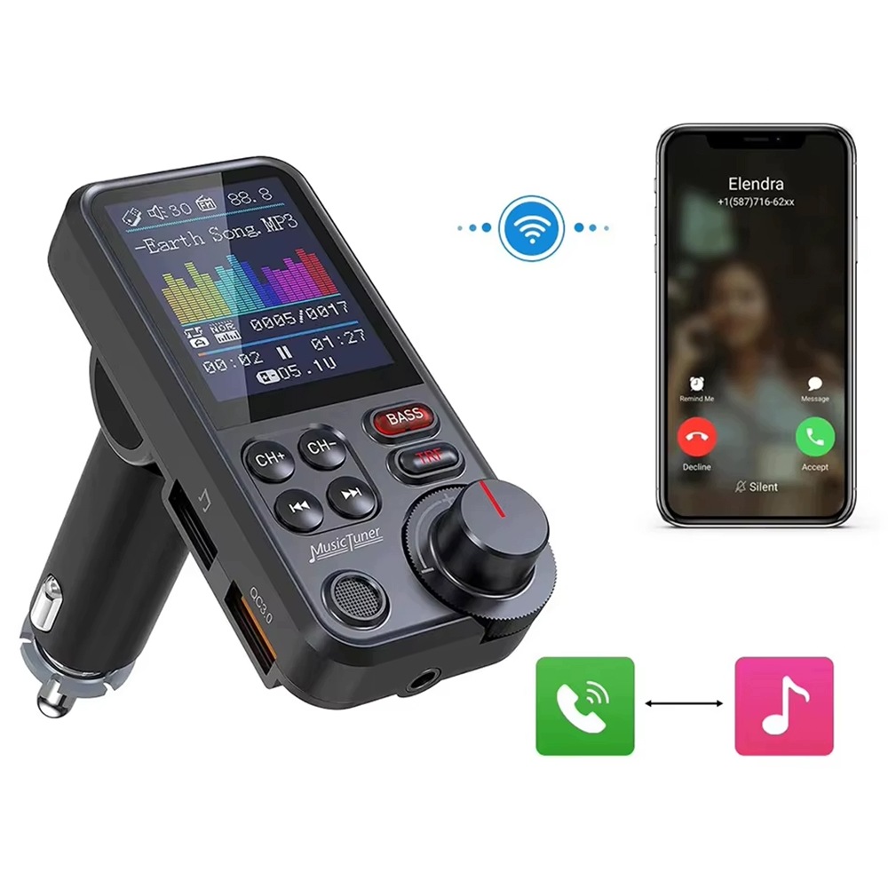 Bluetooth Fm Vysílač Handsfree Sada QC3.0 Sd Bass Velký LCD 24V