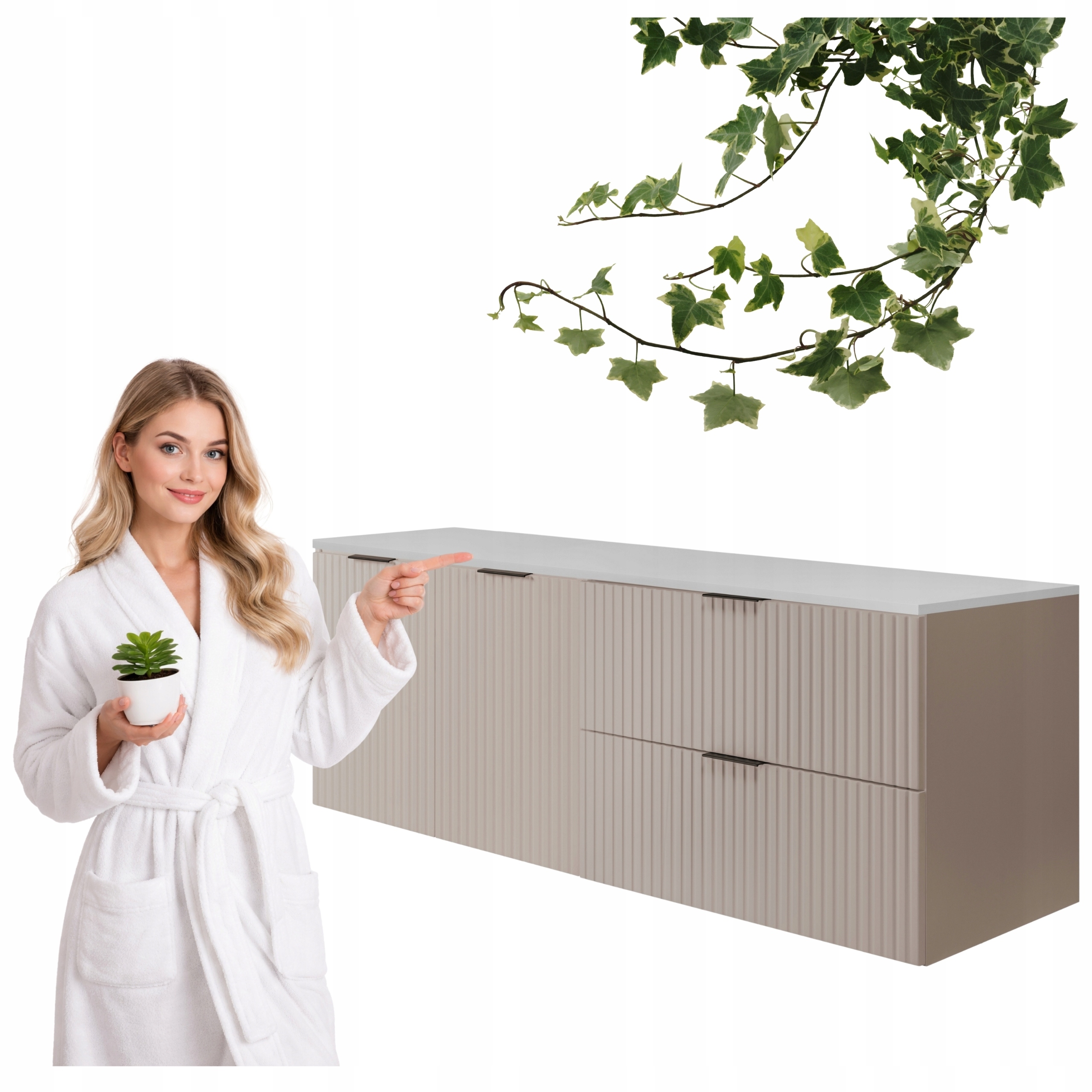 Szafka Łazienkowa Wisząca Szuflady Drzwi Kaszmir 160x46 Z Białym Blatem