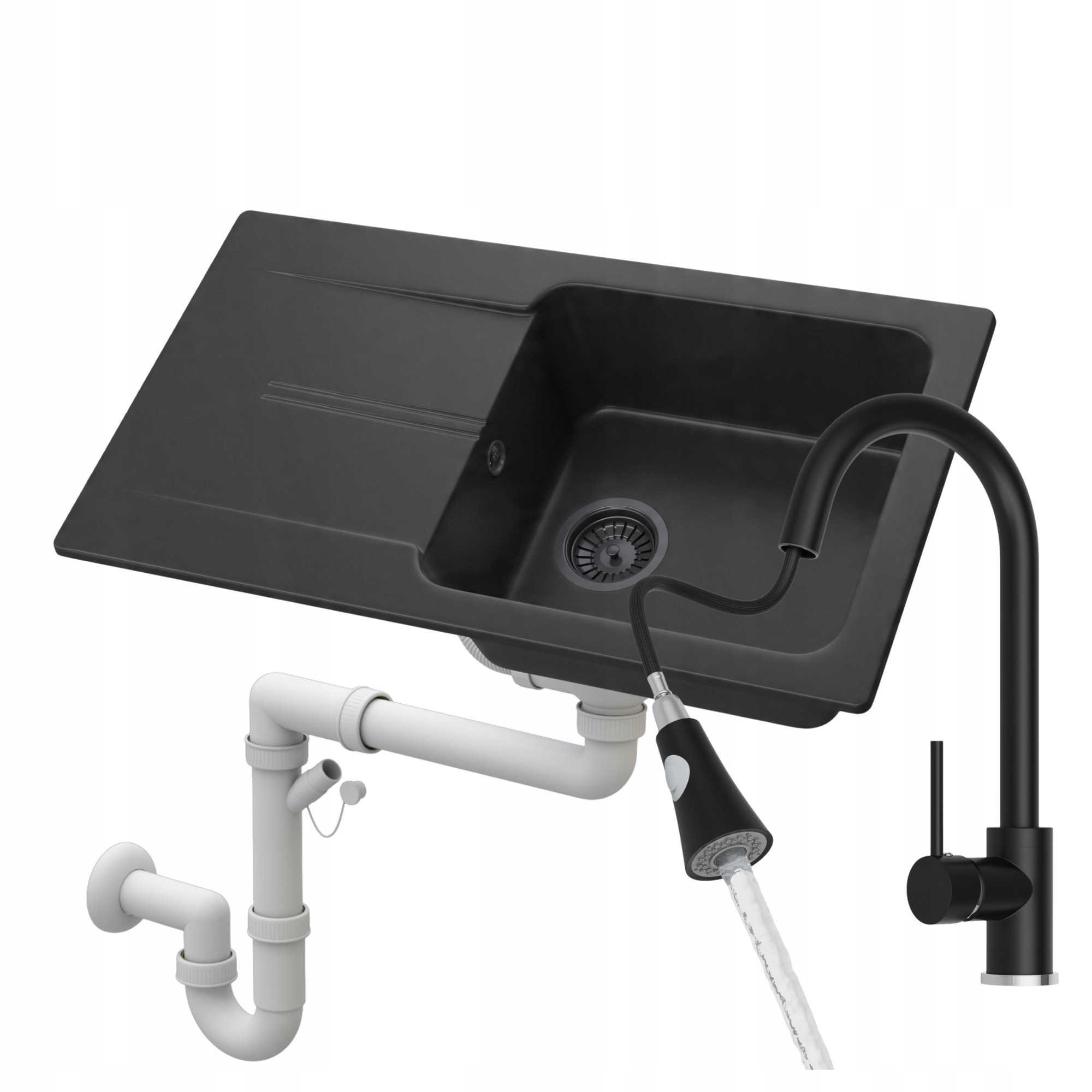 Granitový Drez Čierny Kuchynský Kohútik Sifón