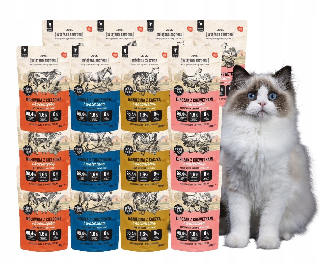 Wiejska Zagroda Krmivo mokré pro kočky MIX Chutí 24x100 g Bez Obilovin