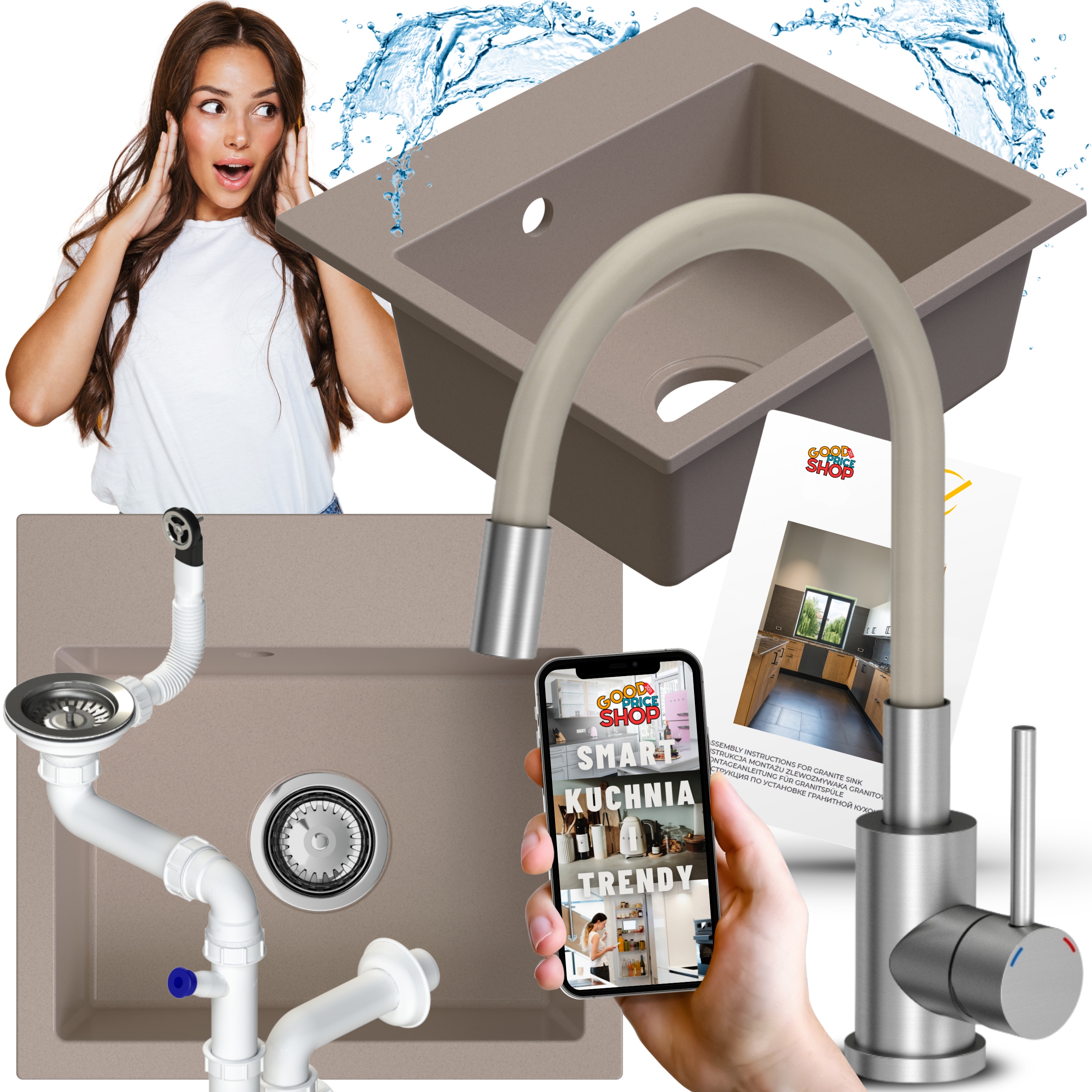 Dřez Granitový Dřez Jednokomorový Béžový Kuchyňská Baterie Sifon Chrom