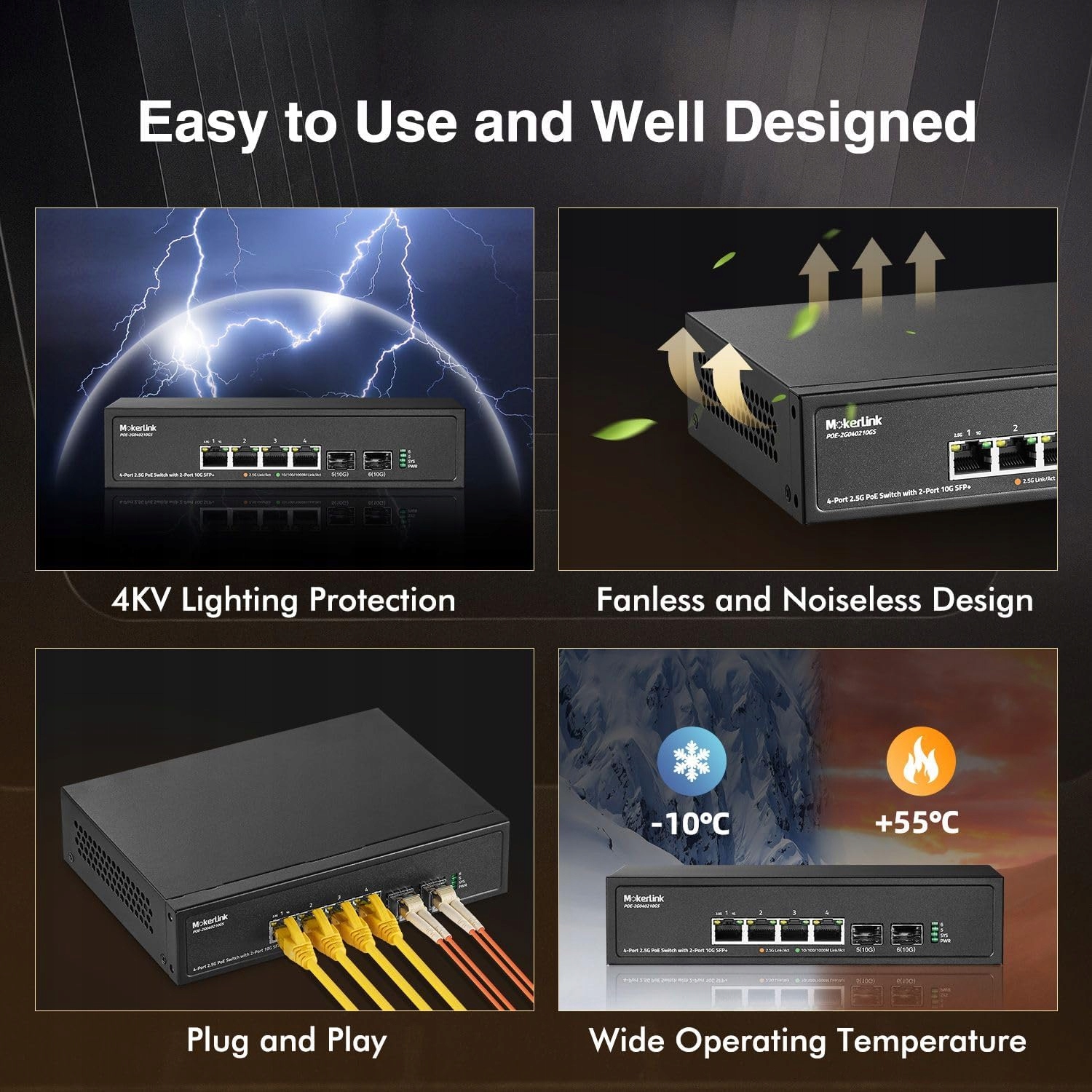 MokerLink 4-portový 2.5G PoE Switch s 2 portami 10G Sfp+ Slot, 4 x 2.5G