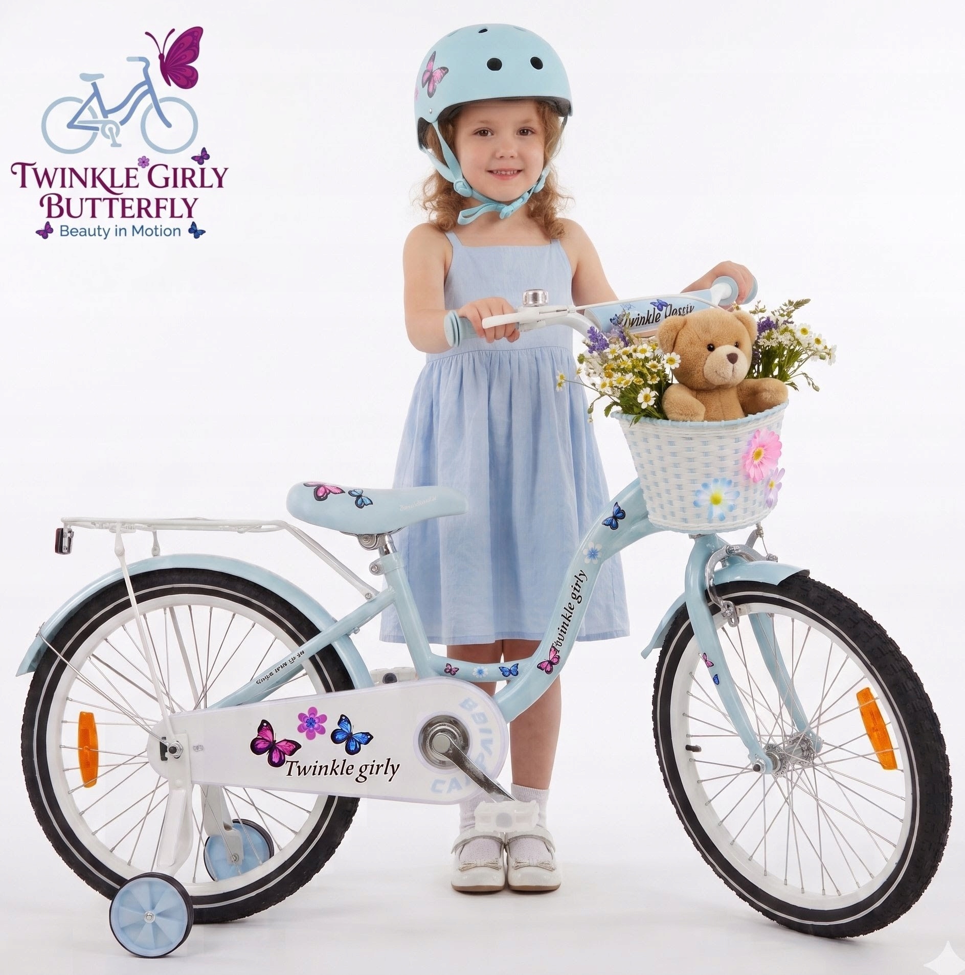 Rower dziecięcy 20 cali Twinkle Girly Butterflies Light Blue dodatki