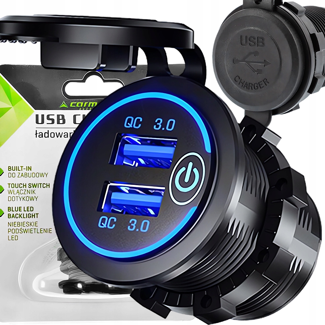Ładowarka USB do zabudowy Carmotion 2x QC 3.0 z podświetleniem LED
