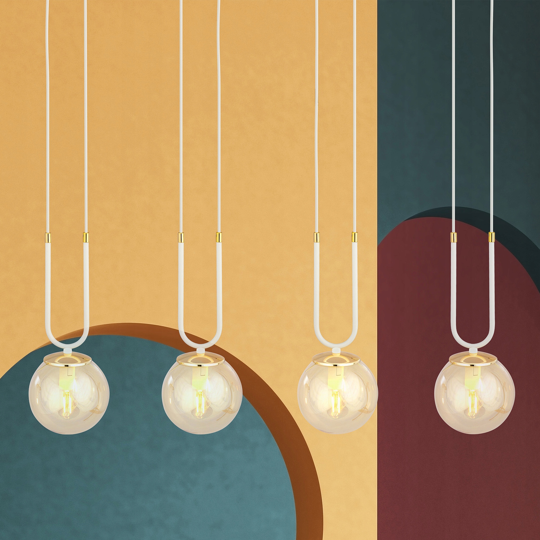 Závesná lampa Glam 4 biela zlatá sklenená medová, jantárová, okrúhle tienidlo