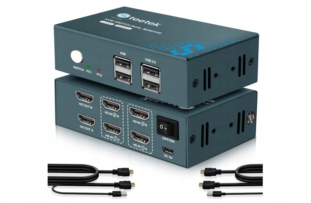 Przełącznik KVM Steetek 2 Porty, 2 Monitory, 4K@30Hz, HDMI, USB 2.0