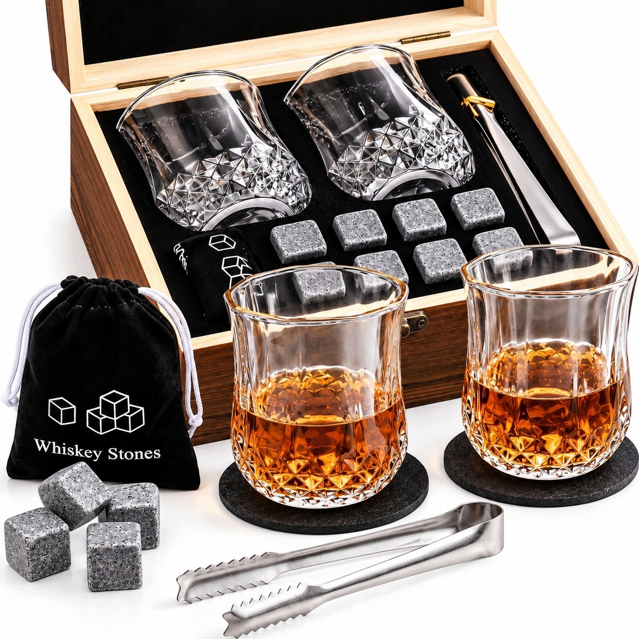 Dárková Sada Na Whisky 2 Sklenice 8 Chladicích Kamenů V Krabičce