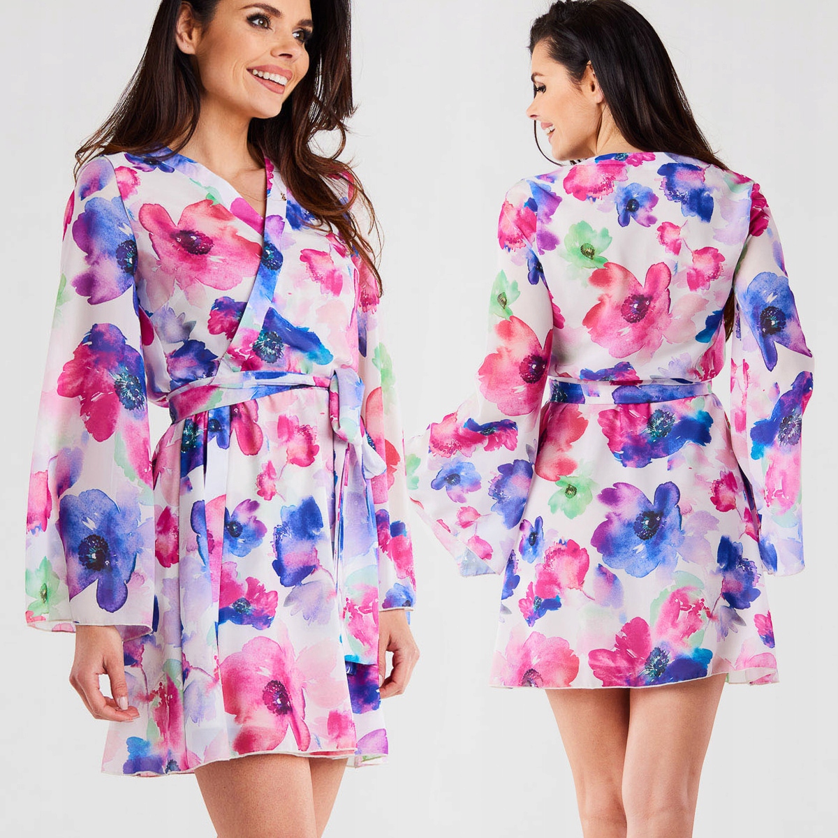 Ženské Šaty Letní Dámské Mini Kimono Široké Rukávy Akvarel 42 XL