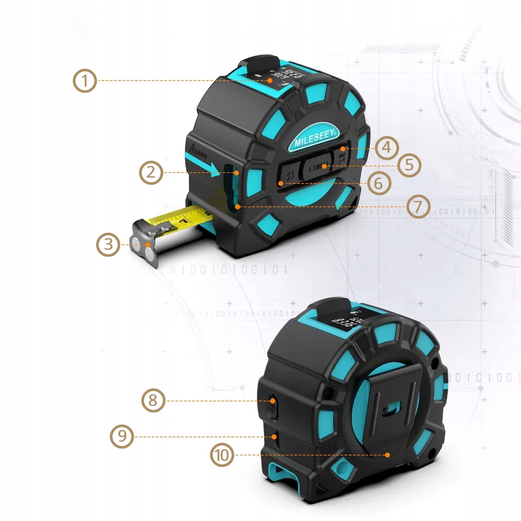 DALMIERZ LASEROWY 40 METRÓW MIERNIK ODLEGŁOŚCI Z ROZWIJANĄ MIARKĄ TAŚMA 5m Stopień ochrony IP54