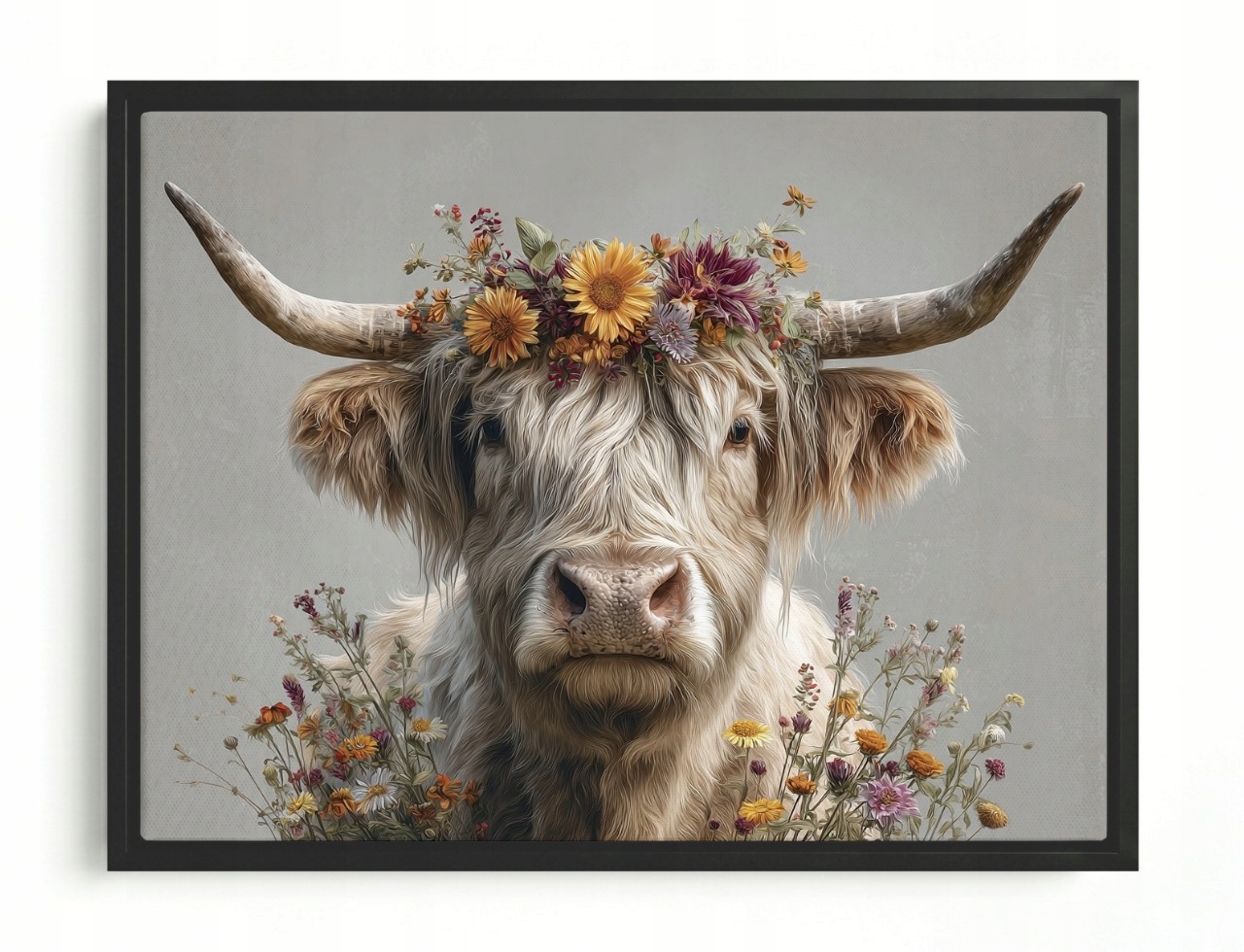 Obraz Rám Americký Box Portrét Fauna Kráva Skotsko Highland Květiny 80x60