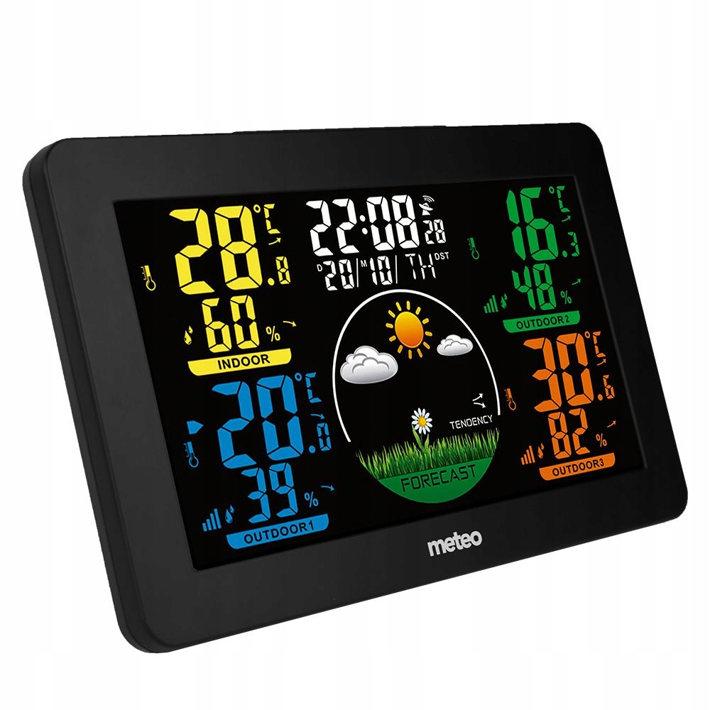 METEO STACJA POGODOWA SP90 Z 3 CZUJNIKAMI DCF Funkcje budzik pomiar ciśnienia pomiar temperatury wewnętrznej pomiar temperatury zewnętrznej pomiar wilgotności prognoza pogody radiowa synchronizacja czasu (DCF) zegar