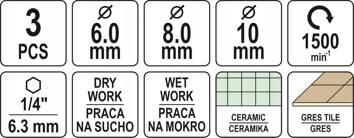 DIAMENTOWE WIERTŁA DO GRESU CERAMIKI ZESTAW 3 SZT Długość wiertła 1 mm