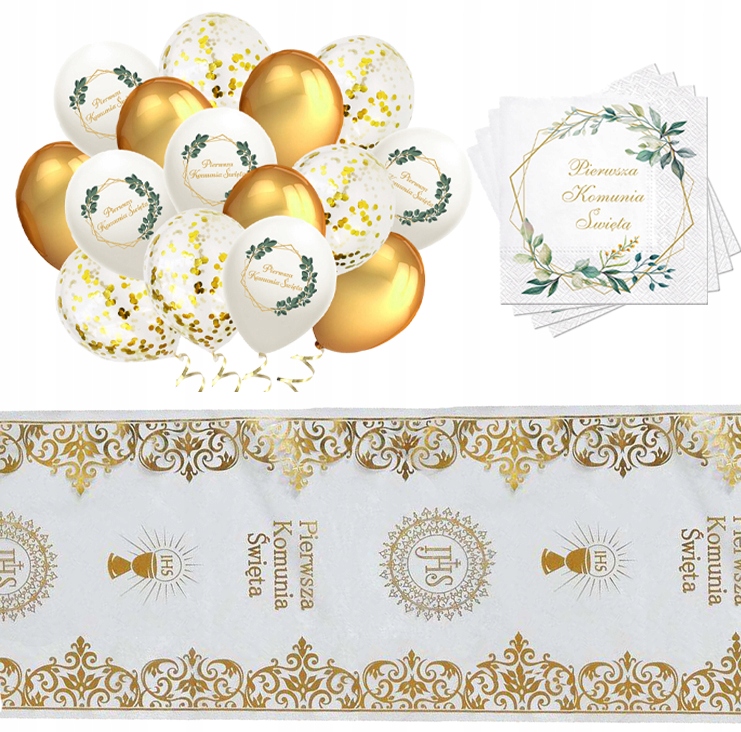 Zestaw Komunijny KOMUNIA Święta Balony Bieżnik Organaza Serwetki Boho IHS