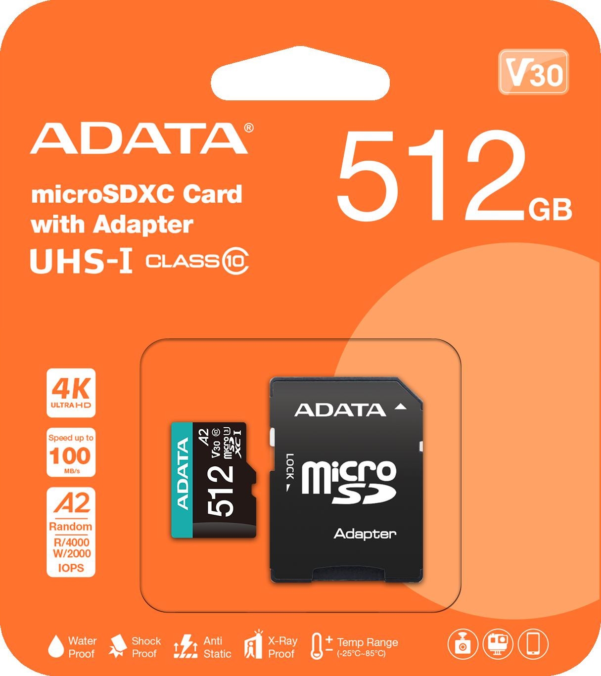 Adata Paměťová karta microSD Premier Pro 512 Gb Uhs-i U3 V30 A2 adaptér