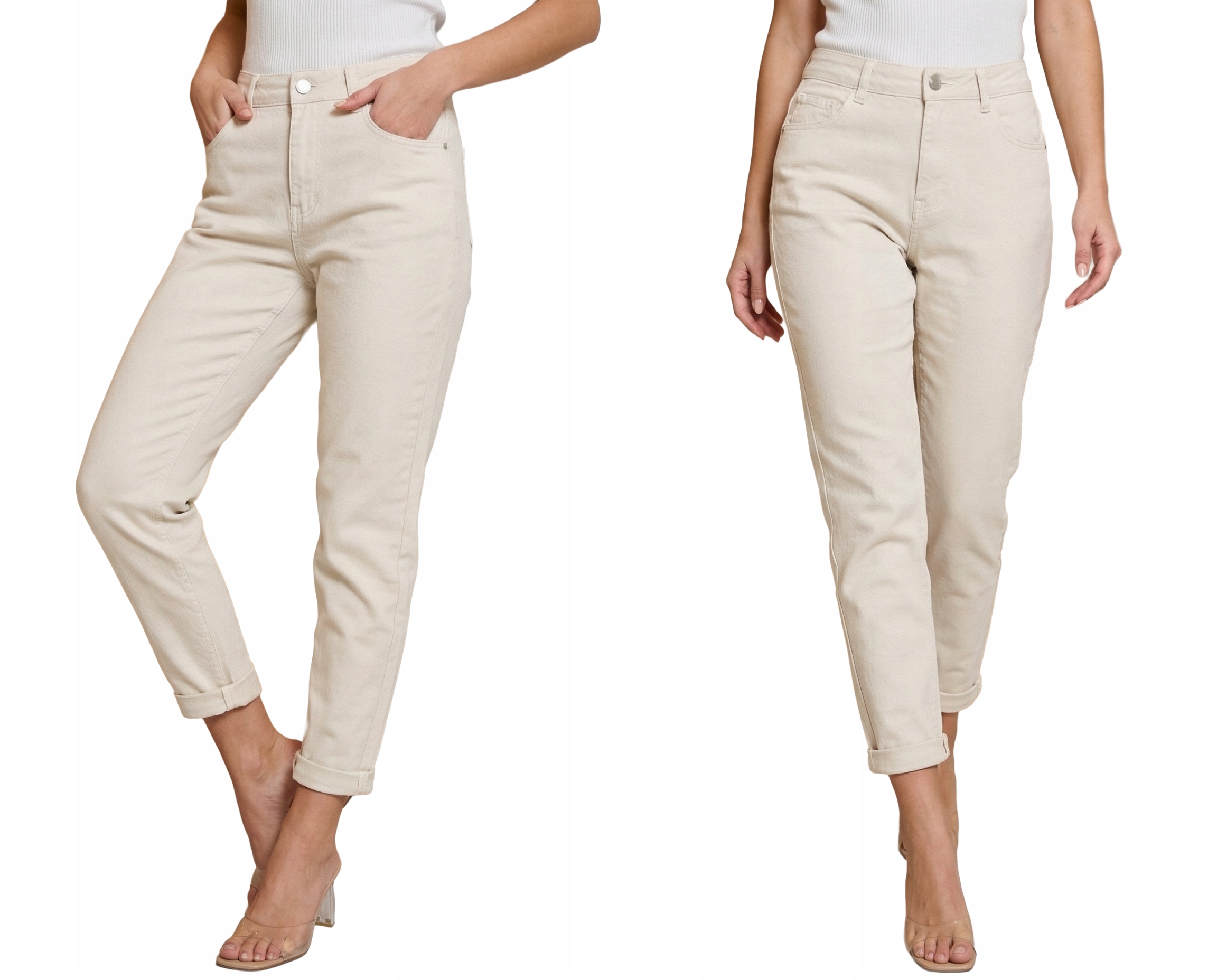 Jeansy Spodnie Damskie Klasyczne Proste Luźne Push Up Wysoki Stan Beżowe XL