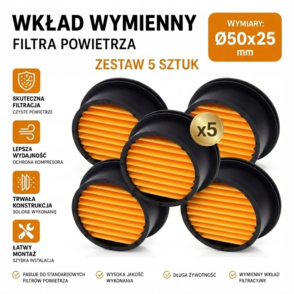 5x Wkład wymienny filtra powietrza kompresora 50x25mm zestaw