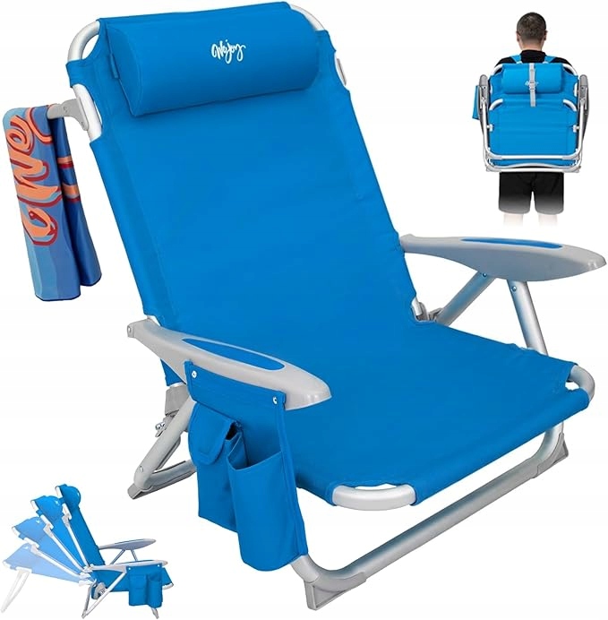 Krzesło plażowe regulowane 4-pozycyjne regulowane niebieski kieszonki 180kg