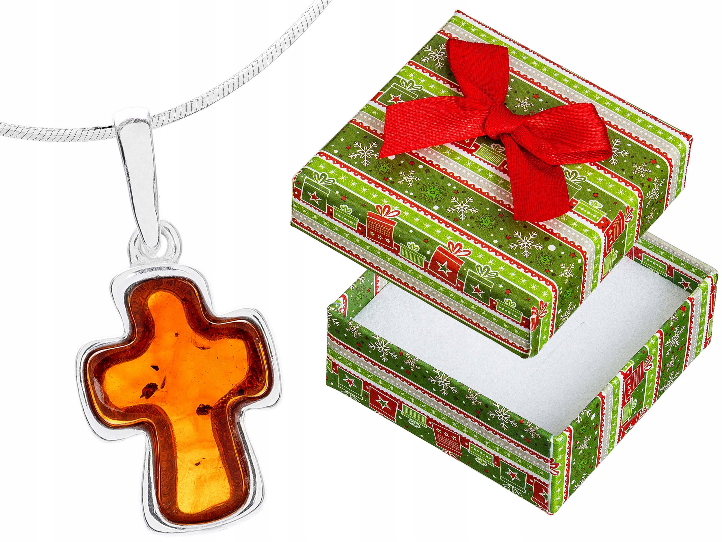 Krátký Stříbrný Náhrdelník Křížek s Jantarem Dámský Kříž Jantar 45 cm