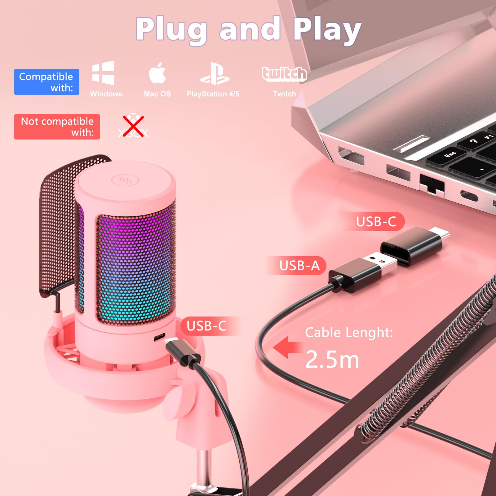 NJSJ Mikrofon Gaming USB PC MAC PS4 PS5 Podcast Streaming Różowy — miniatura 7