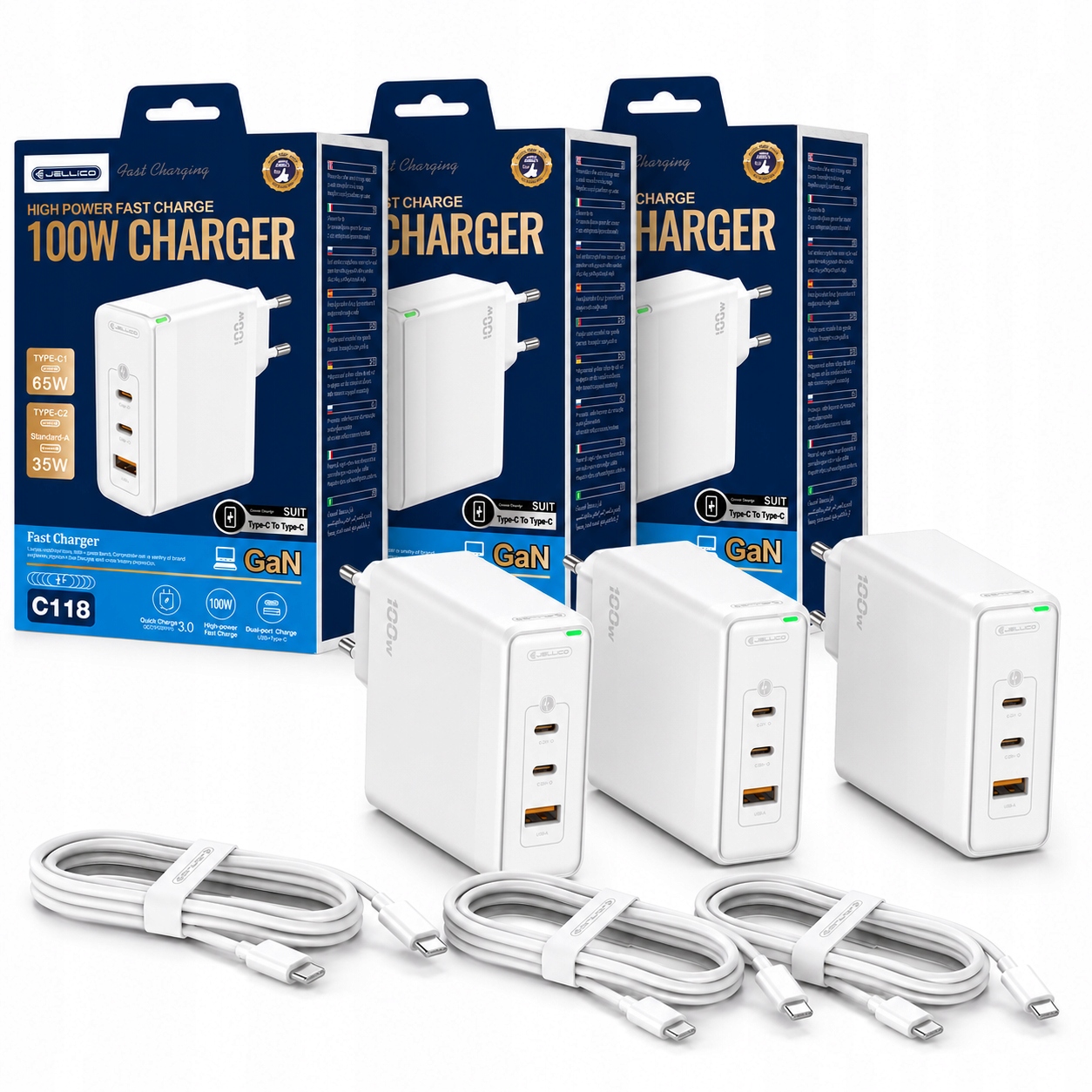3-PAK Rýchla Nabíjačka 100W 2x Usb-c 1x Usb QC3.0 Usb-c kábel