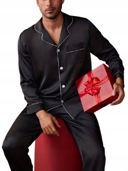 Elegantní Černé Saténové Pyžamo Rozepínací Pánské Saténové Pyžamo XL