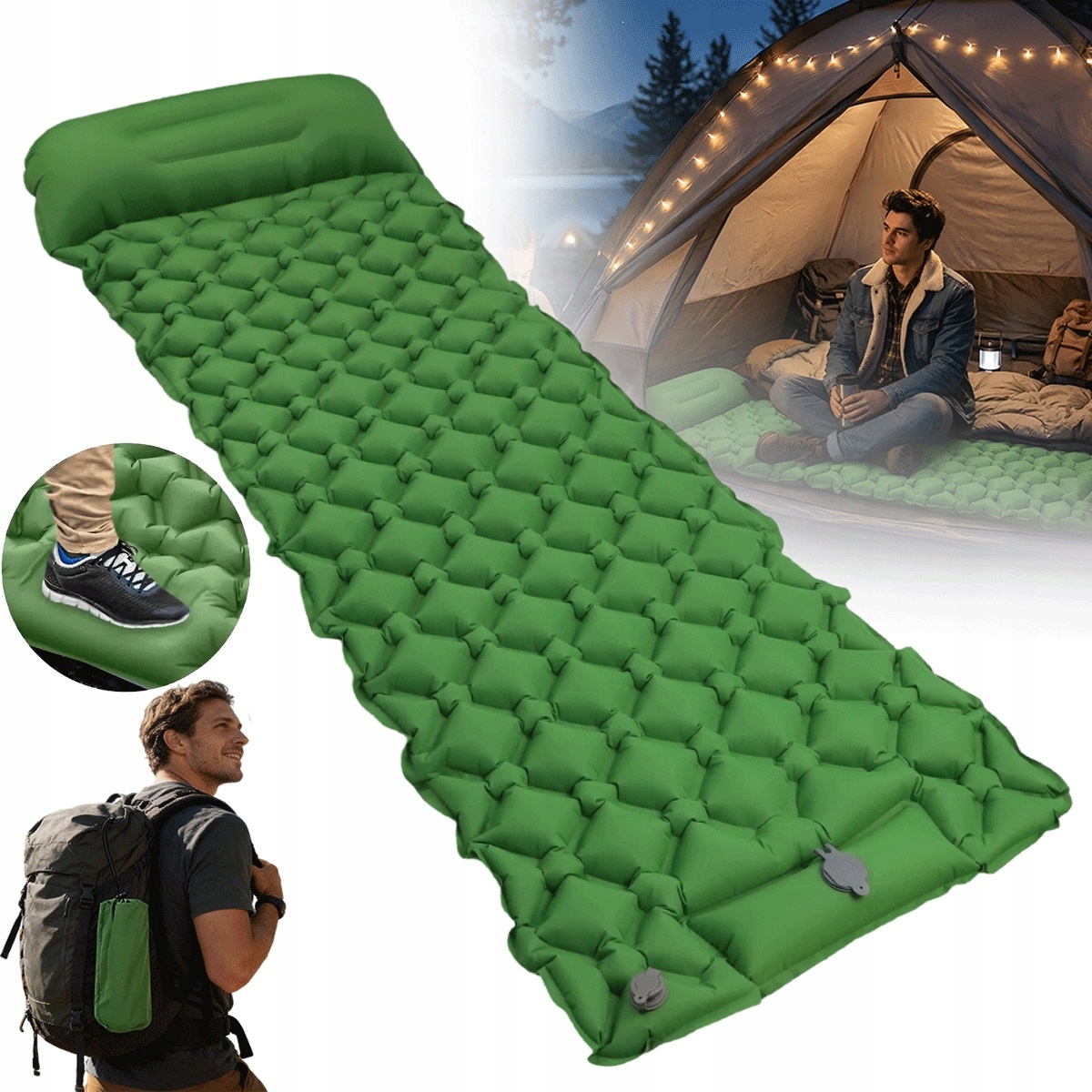 Mata dmuchana zielona 5cm z pompką nożną do namiotu i na plażę