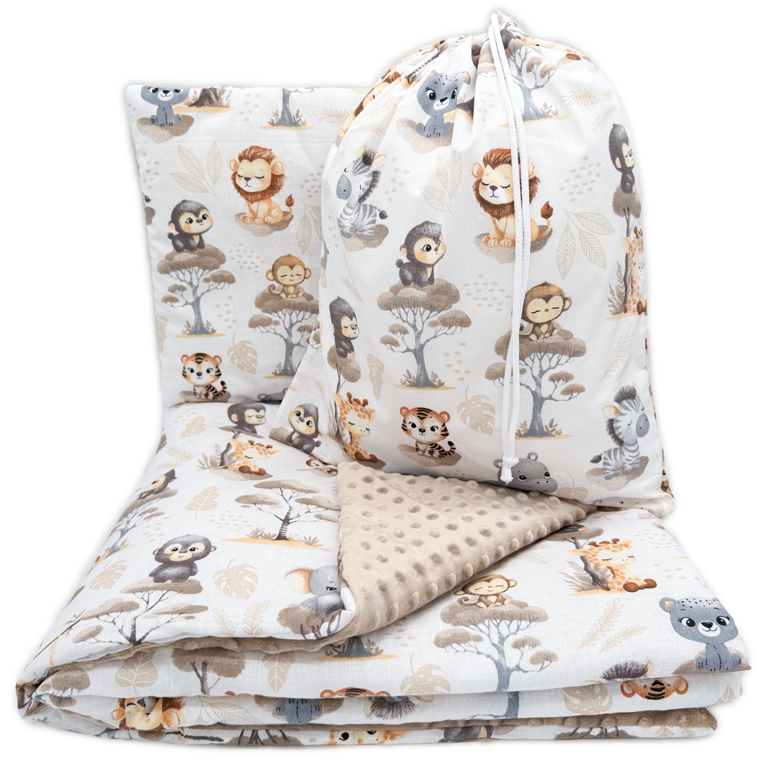 Zestaw przedszkolaka bawełna Minky kołdra 100x135 3w1 Małpeczki