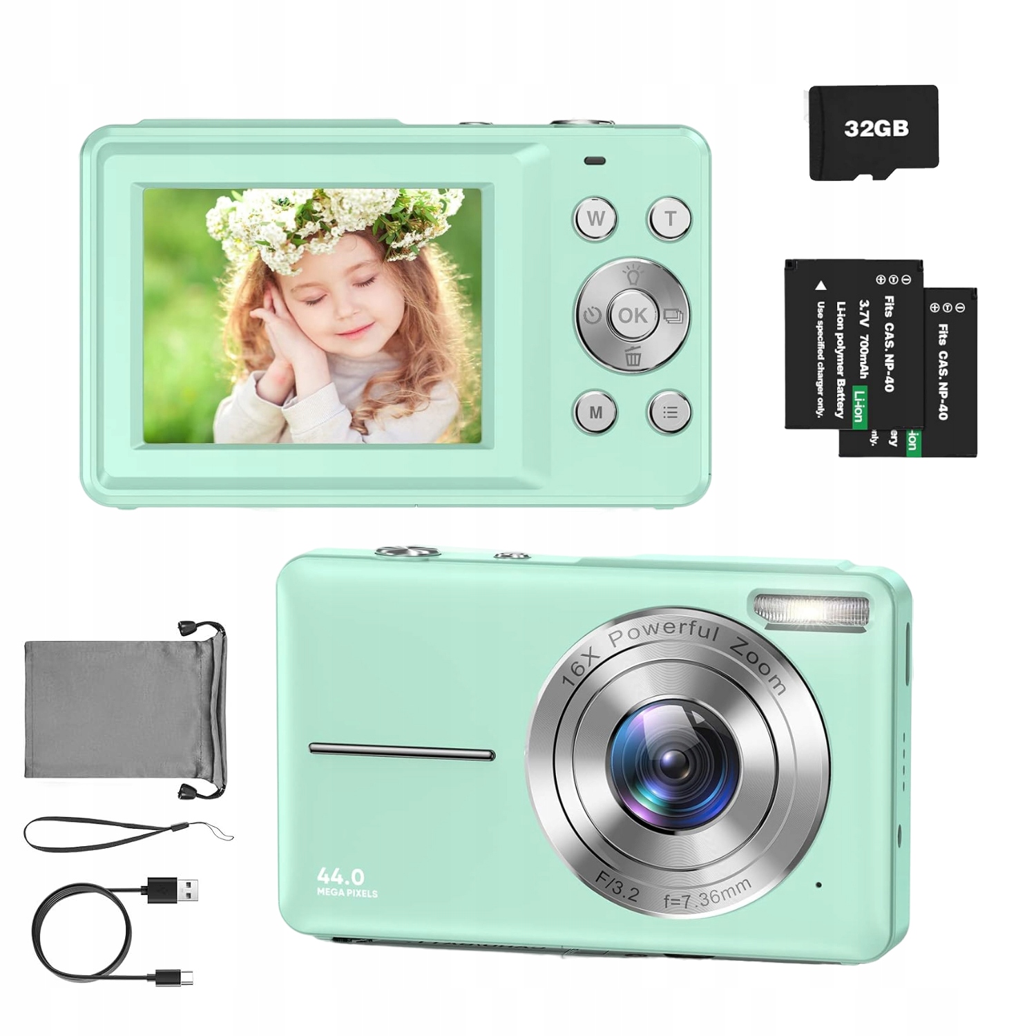 Digitální Fotoaparát 44MP 1080P 16X Zoom 2 Baterie 32GB Karta Zelený